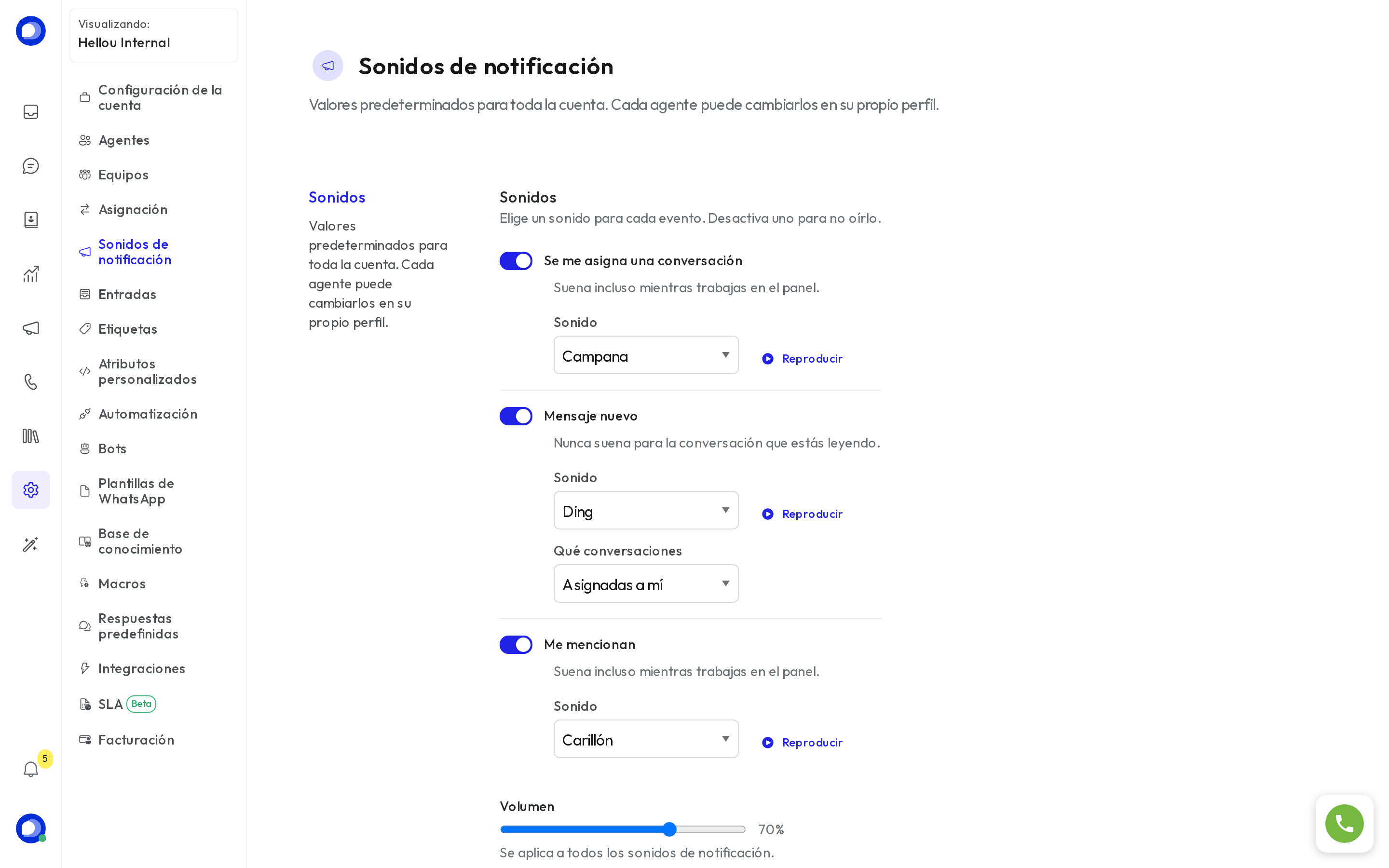 Panel de sonidos de notificación