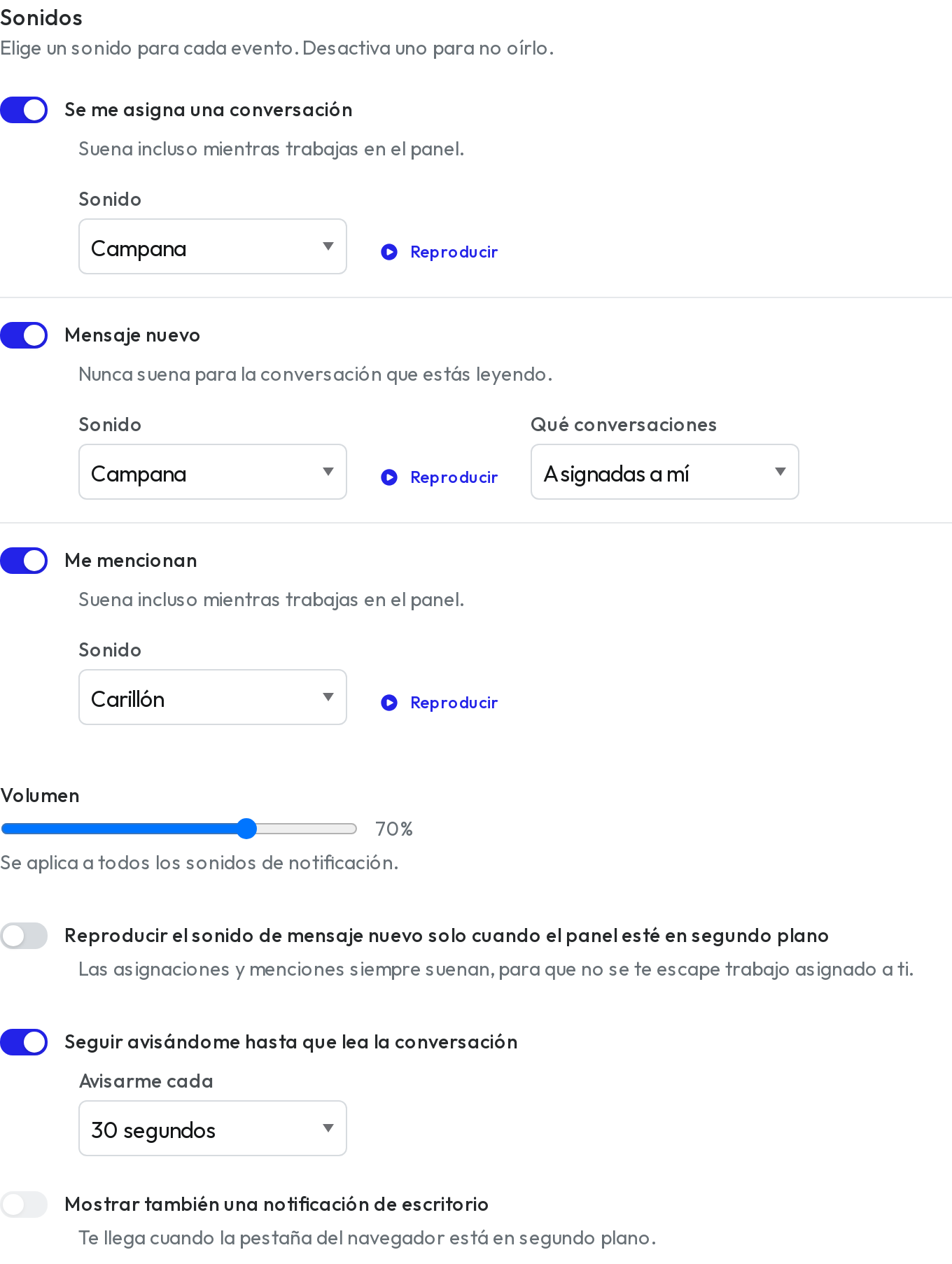 Sección de sonidos en el perfil del agente